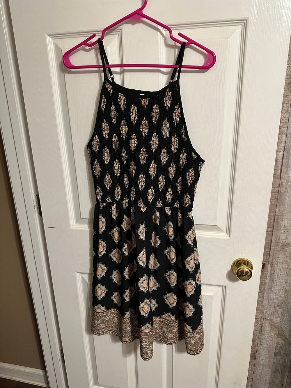 Xhilaration Black Floral-Print Mini Dress with Beige Motifs